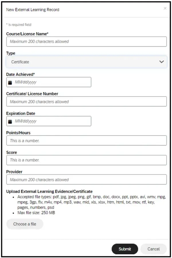 Screenshot of the new External Learning Record form