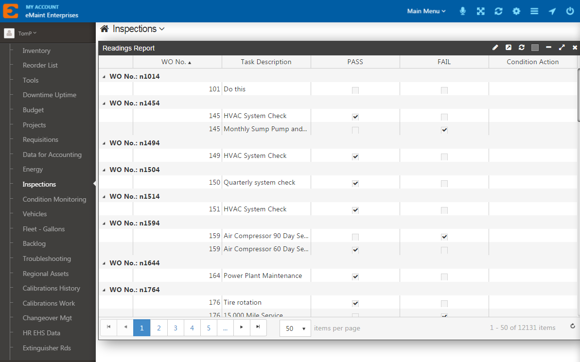 Screenshot of Inspections reading report in eMaint CMMS