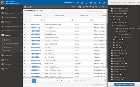 Screenshot of assets listed in eMaint CMMS