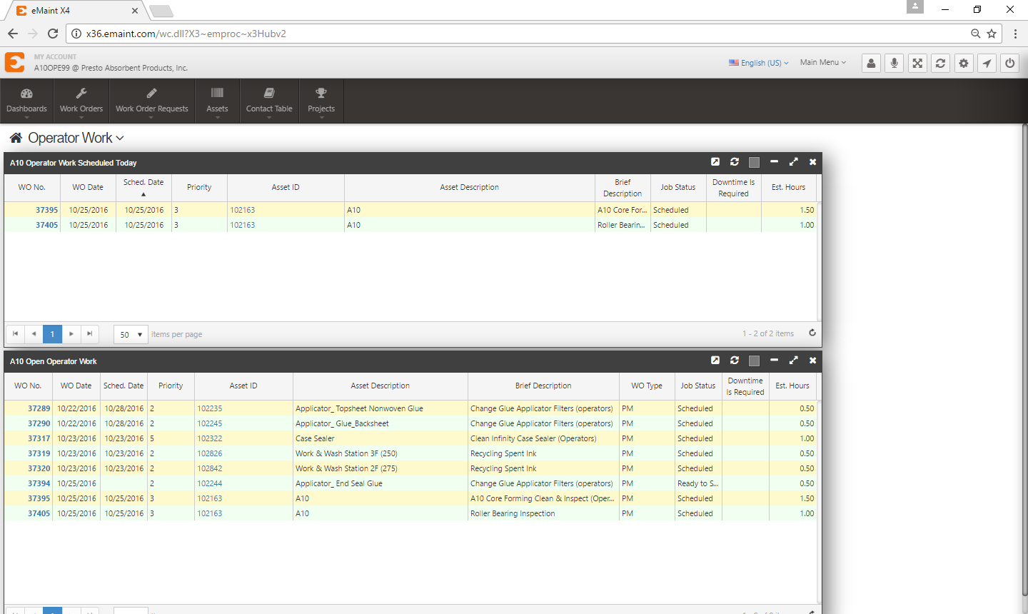 Screenshot of emaint cmms showing operator work scheduling