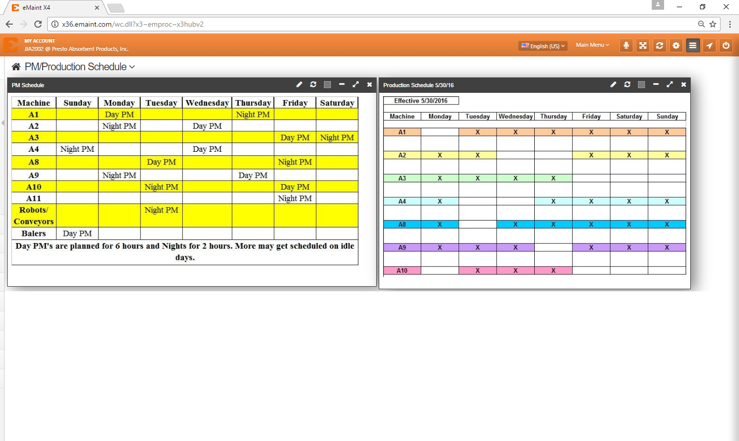 screenshot of emaint cmms Project Management scheduling for production