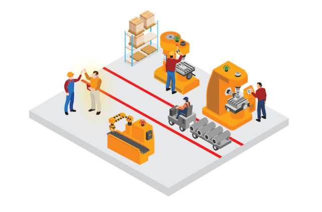 Infographic - Workers on manufacturing floor that utilizes Condition-Based Predictive Maintenance Strategy