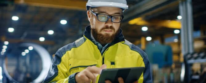 Factory worker with CMMS Tablet