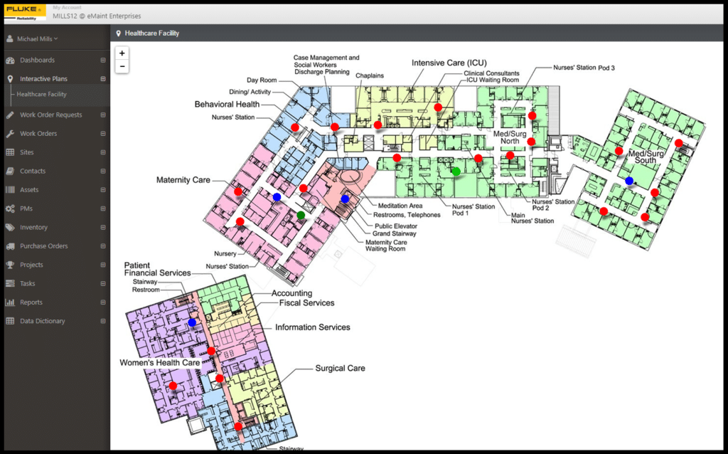 Use pins to indicate areas to clean and sanitize; click the pin to see WO details