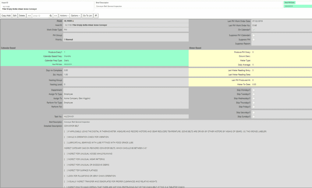 A PM form in eMaint. Jobs can be triggered based on a calendar or a meter