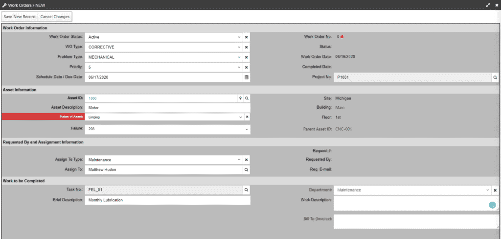 An example of a Work Order form in eMaint