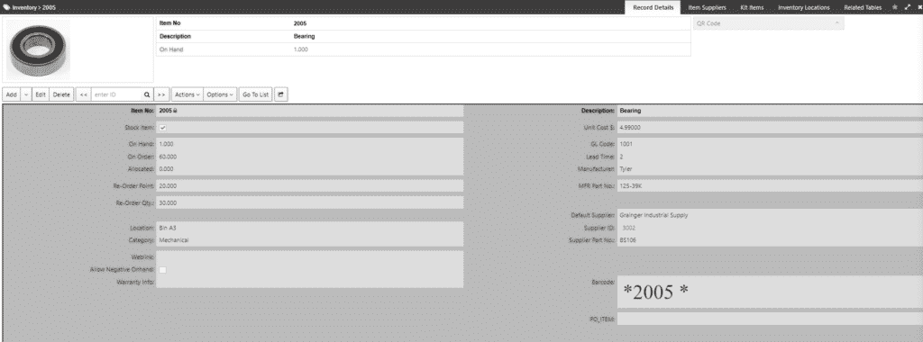 An example of a spare part being tracked in eMaint