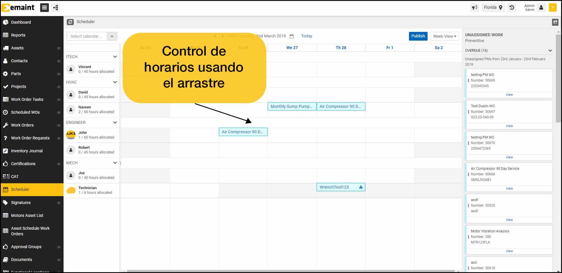 Captura de pantalla de la programación de mantenimiento de eMaint X5