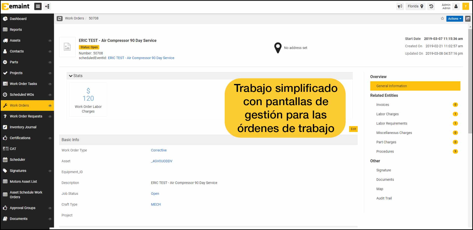 Captura de pantalla de la gestión de órdenes de trabajo de eMaint X5