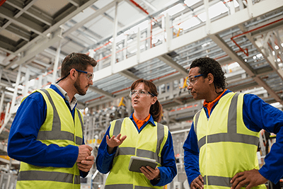 Two men and a woman in yellow working vests huddled together in a warehouse discussing the importance of GMP and GLP compliance.