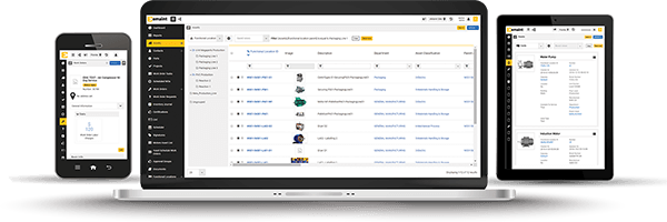 eMaint CMMS software screenshots on mobile, laptop, and tablet