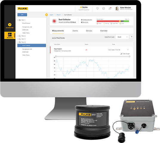 eMaint CMMS software works with the Fluke 3563 wireless vibration sensors in a cloud-based ecosystem called Connected Reliability.