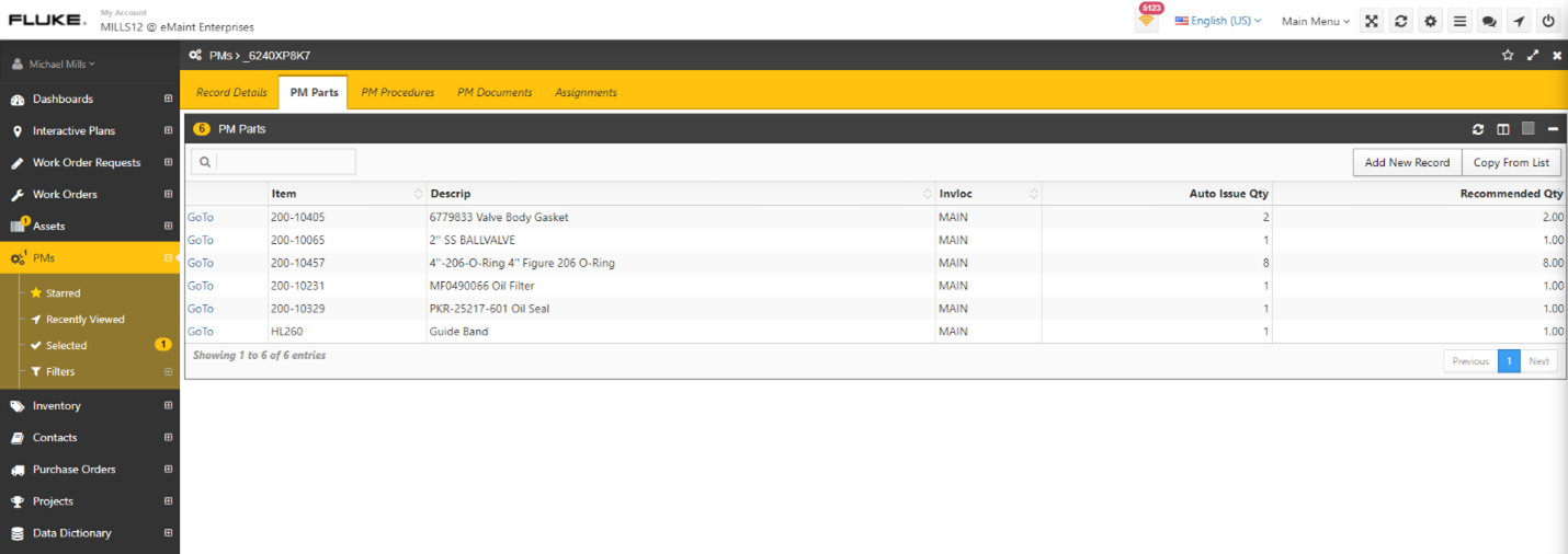 Work orders also show the parts needed to complete the task.