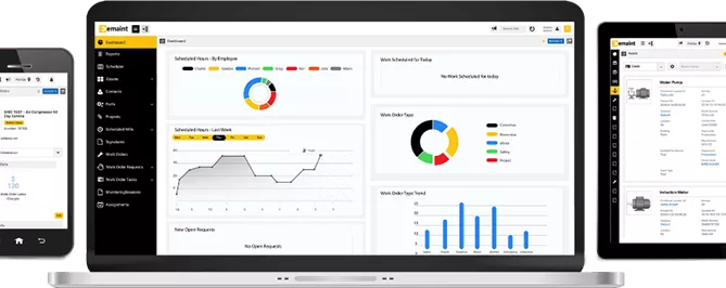 eMaint dashboard displayed on multiple devices