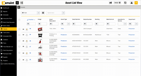 eMaint CMMS asset list screenshot