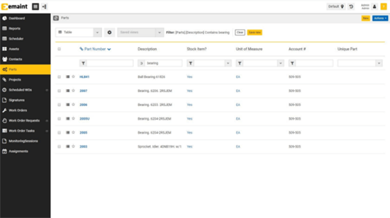 eMaint CMMS parts/inventory screenshot