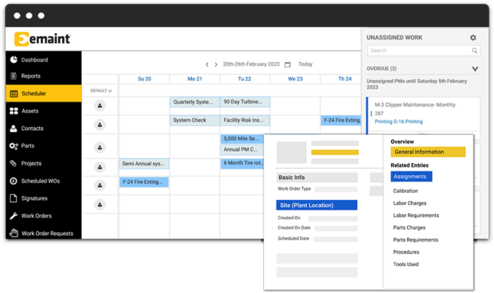 eMaint CMMS desktop screen showing multi-site management. 