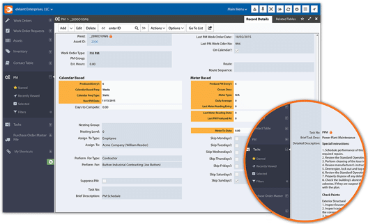Captura de pantalla del software de programación de mantenimiento preventivo