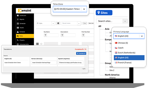 eMaint CMMS Desktop-Bildschirm, der zeigt, dass eMaint eine mehrsprachige Asset-Management-Software ist. 