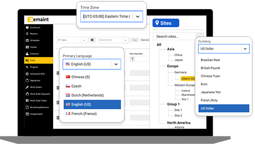 eMaint CMMS-Desktop-Bildschirm, der zeigt, wie Wartungsteams die Wartung mit internationaler Lokalisierung verwalten können. 