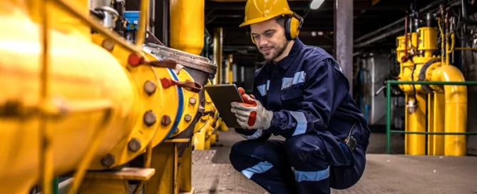 Maintenance worker in a yellow hardhat referencing a tablet while kneeling