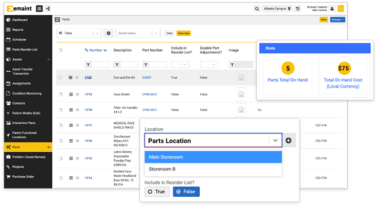 eMaint CMMS Parts screen