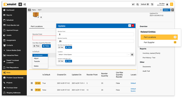 eMaint spare parts inventory management software desktop screen showing how to update parts