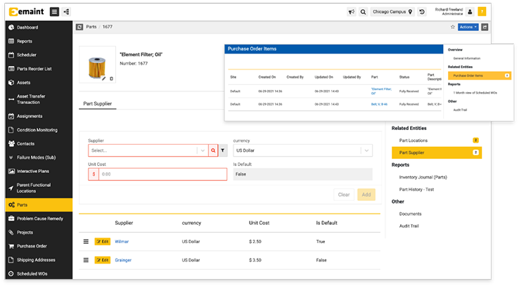 eMaint spare parts inventory management software desktop screen showing a parts page