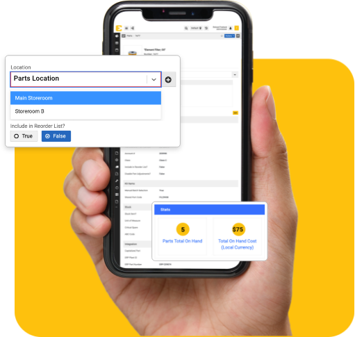 eMaint spare parts inventory management software mobile screen