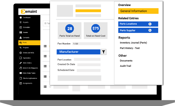 eMaint spare parts inventory management software desktop screen