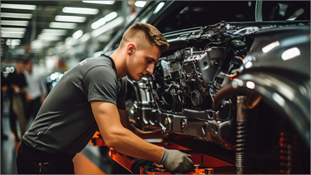 Mann in grauem Polohemd bei der Arbeit an einem Fließband in der Automobilproduktion