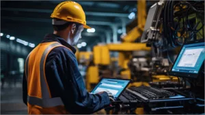 Um homem com um capacete amarelo a utilizar um computador portátil numa fábrica e a rever uma estratégia de manutenção. 