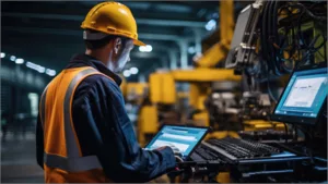 A man in a yellow hard hat using a lap top in a manufacturing facility and reviewing a maintenance strategy. 