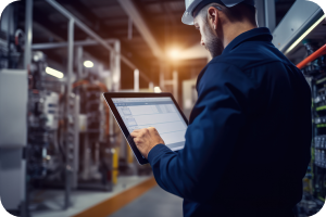 Maintenance worker in a white hardhat and blue coveralls working on a electronic tablet in a warehouse