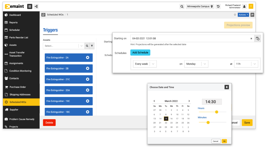 eMaint CMMS screenshot of Schedule Work Order screen