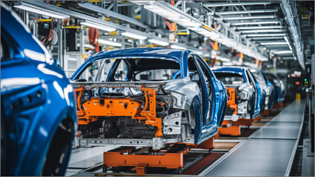 Automobile frames on a rolling assembly line in automotive plant