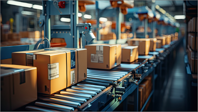 Line of cardboard boxes on rollers in a packaging manufacturing plant