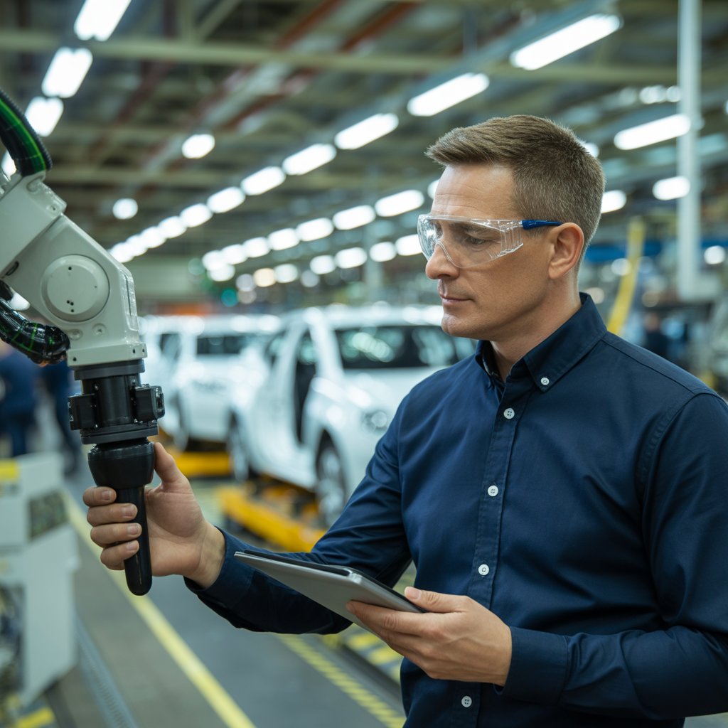 a-photograph-of-a-focused-manufacturing-_JbKAB0HaRjqPGRrOQI0VZw_5F0dDdm4RFufhCD4AY7BkA manufacturing manager using a emaint mobile CMMS