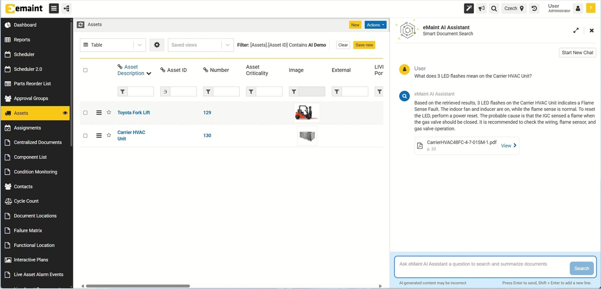 eMaint AI Asset tab screenshot